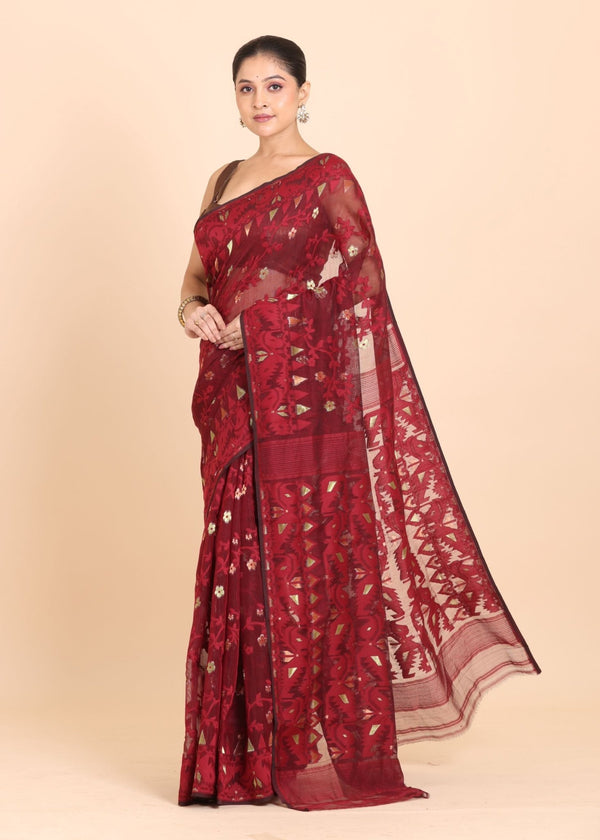 Maroon and Golden Color Pure Bangladeshi Dhakai Jamdani Saree - Anvi Couture