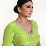 Mint Green Blouse with V Neckline and Embroidered Back Cutout and Half Sleeves - Anvi Couture