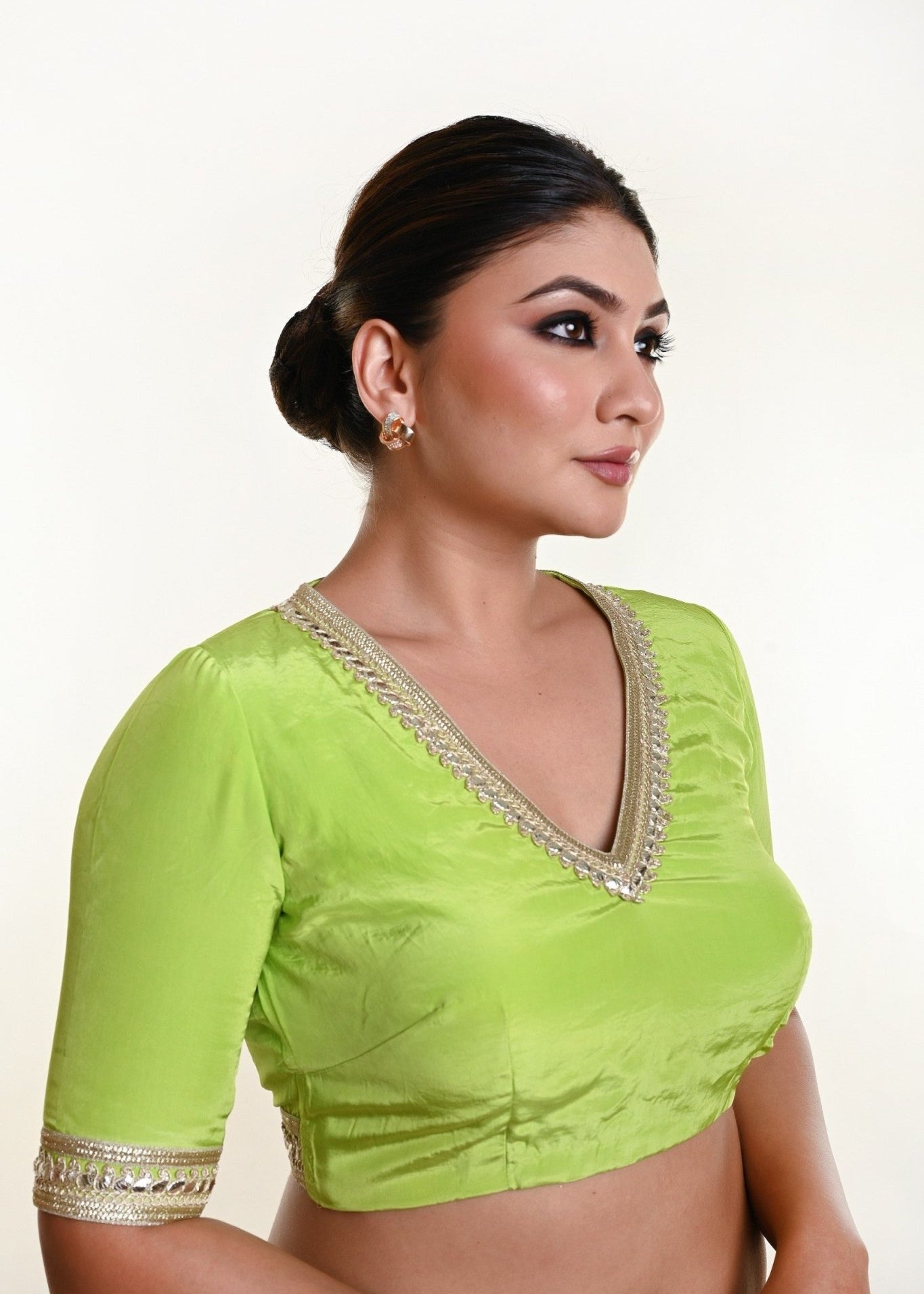 Mint Green Blouse with V Neckline and Embroidered Back Cutout and Half Sleeves - Anvi Couture