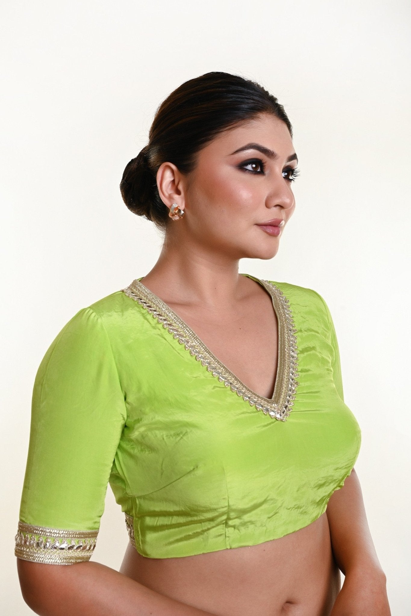 Mint Green Blouse with V Neckline and Embroidered Back Cutout and Half Sleeves - Anvi Couture