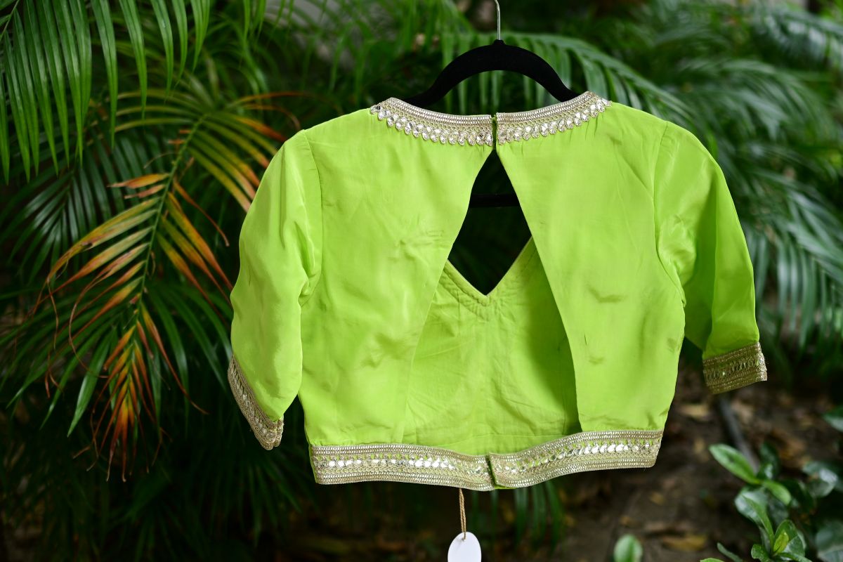Mint Green Blouse with V Neckline and Embroidered Back Cutout and Half Sleeves - Anvi Couture