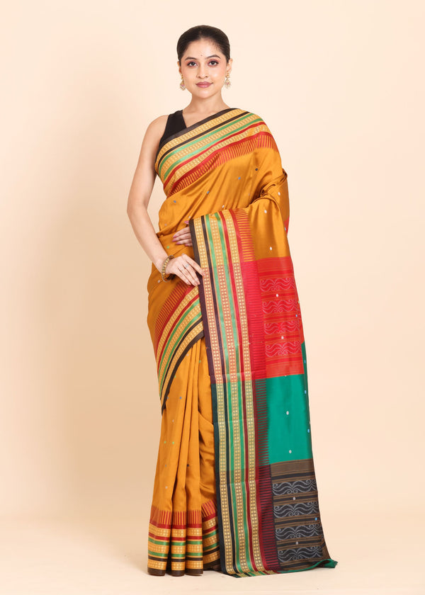 Mustard Yellow Ikkat Saree with Multicolor Border and Pallu Full
