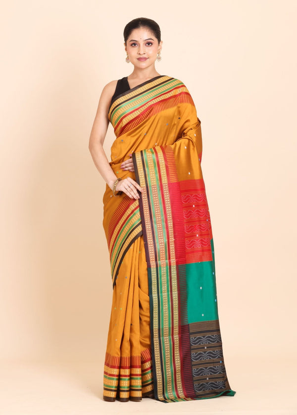 Mustard Yellow Ikkat Saree with Multicolor Border and Pallu - Anvi Couture