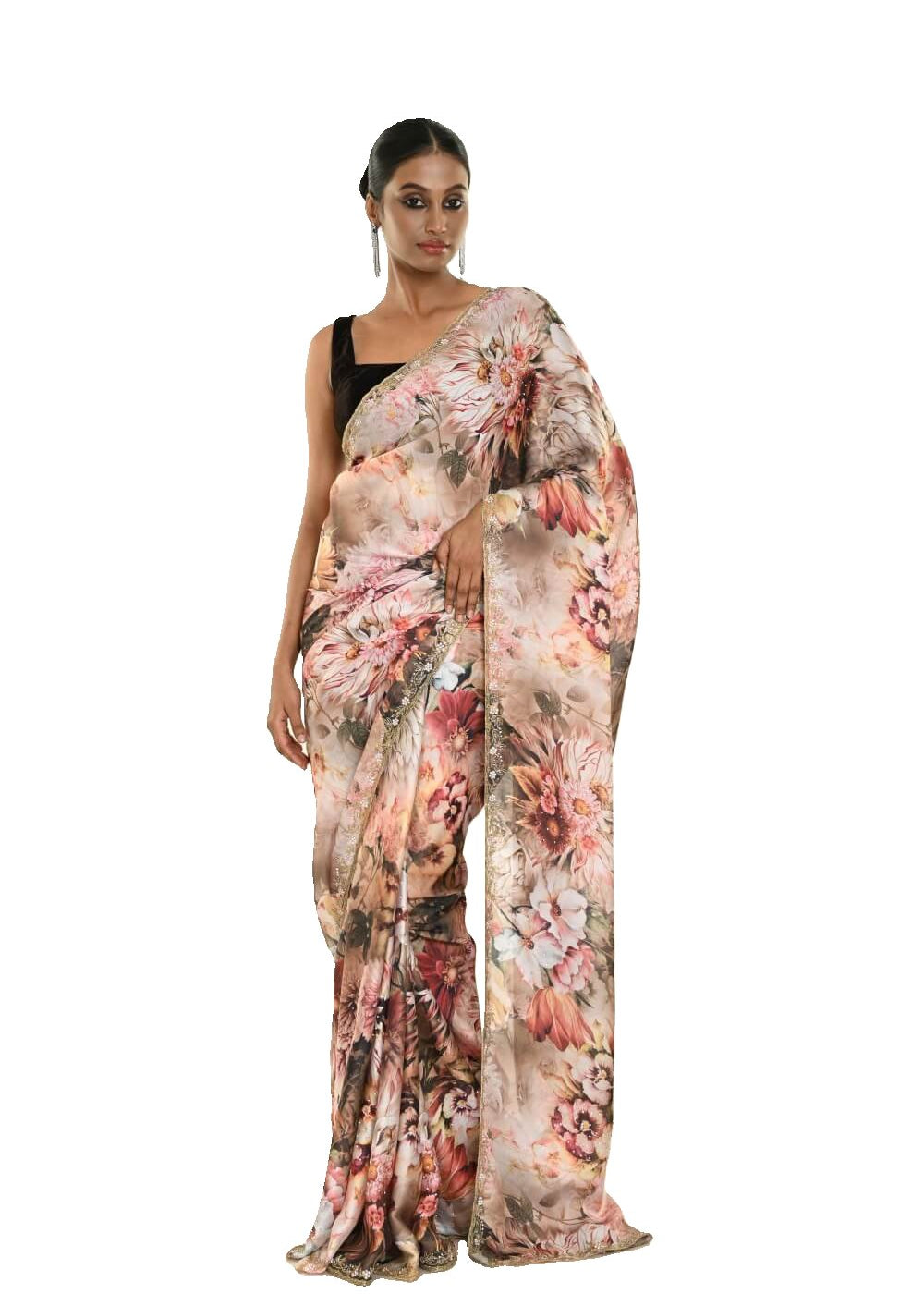 Ivory Crepe Saree with Delicate Floral Print and Cut Dana Embroidery Work - Image 1
