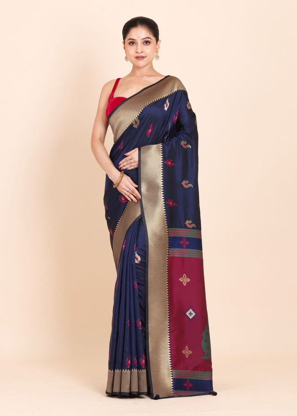 Navy Blue Paithani Silk Saree with Golden Border and Maroon Pallu - Anvi Couture