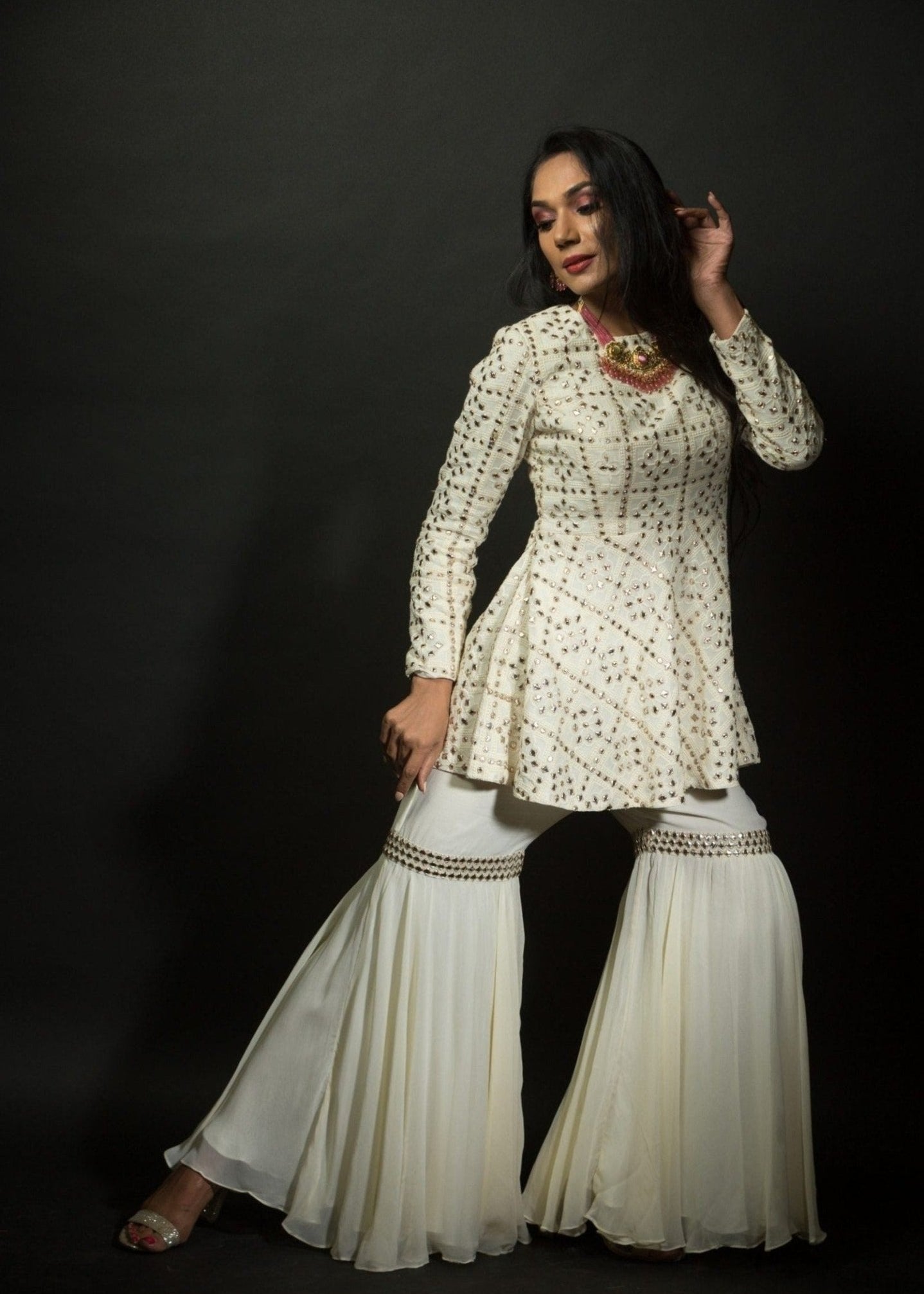 White Chikankari Sharara Set in Georgette Embroidered work - Anvi Couture