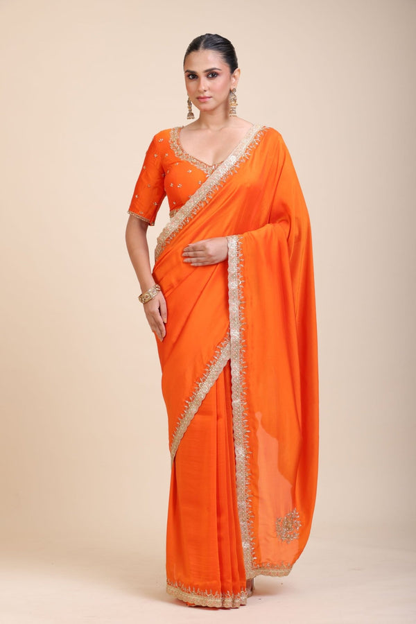 Orange Hand Embroidered Designer Saree - Anvi Couture