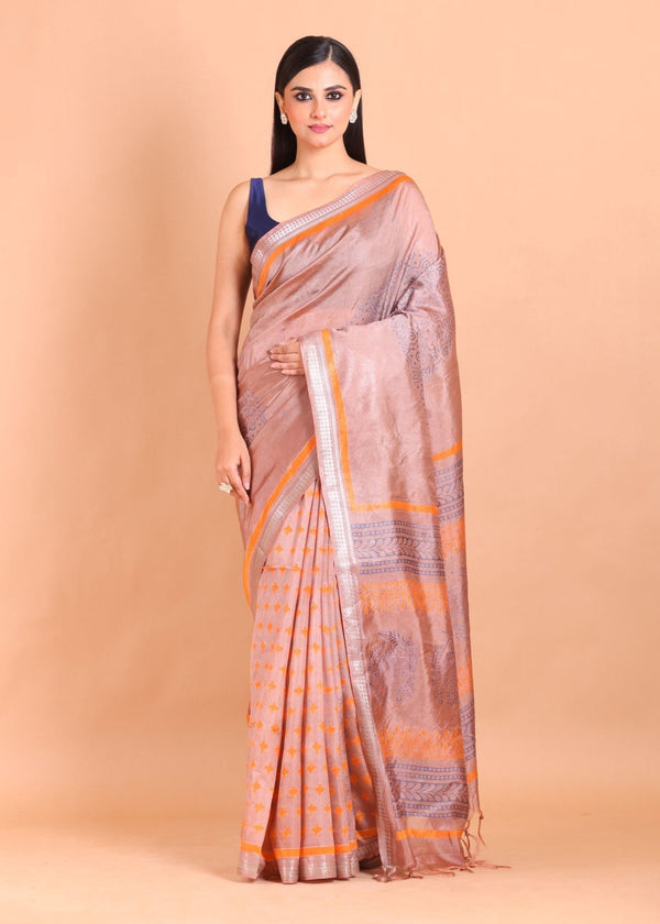 Orange Pure Silk Saree with Hand Block Print - Anvi Couture