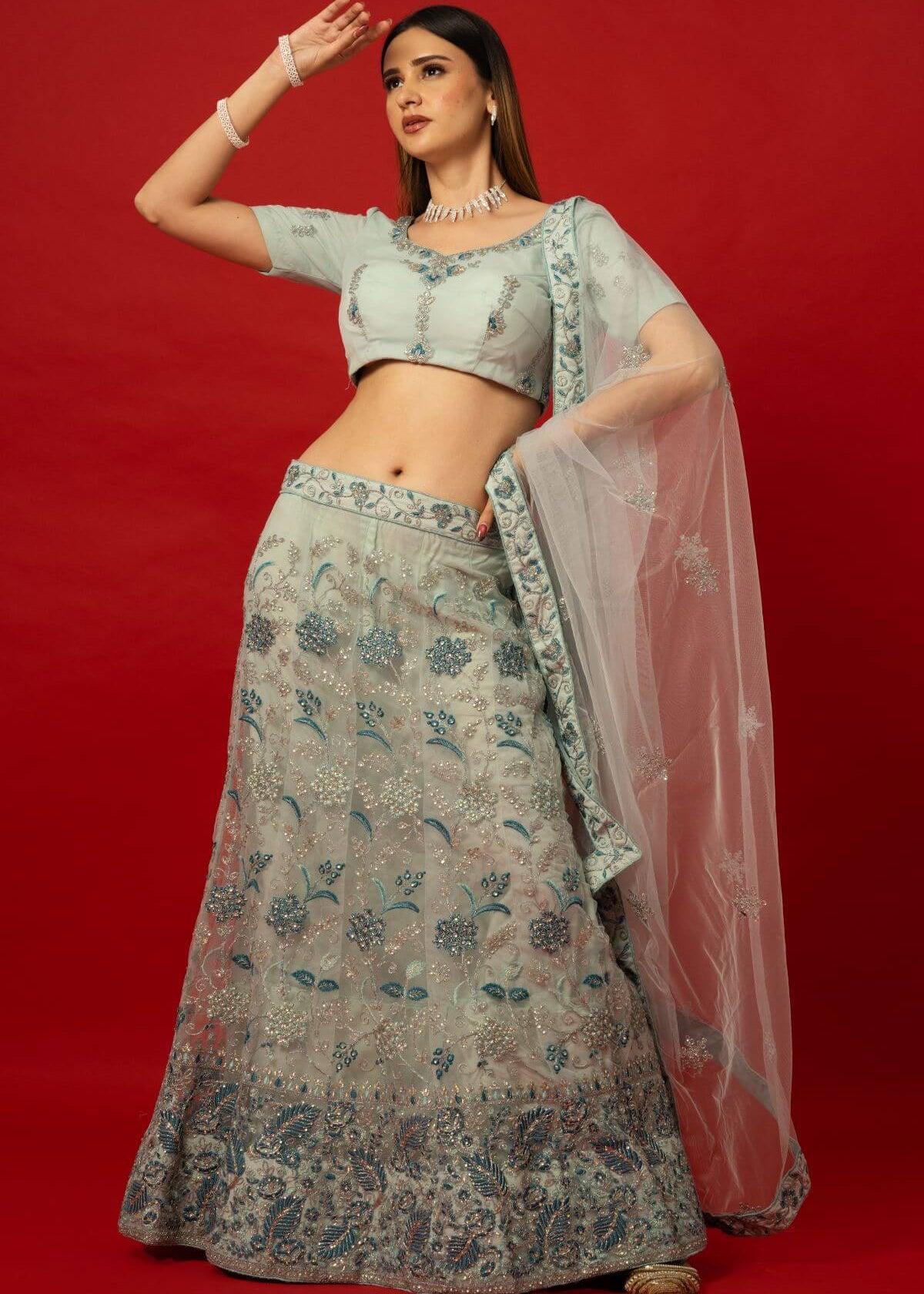 Light Blue Net Lehenga with Sequins Embroidery – Perfect for Weddings