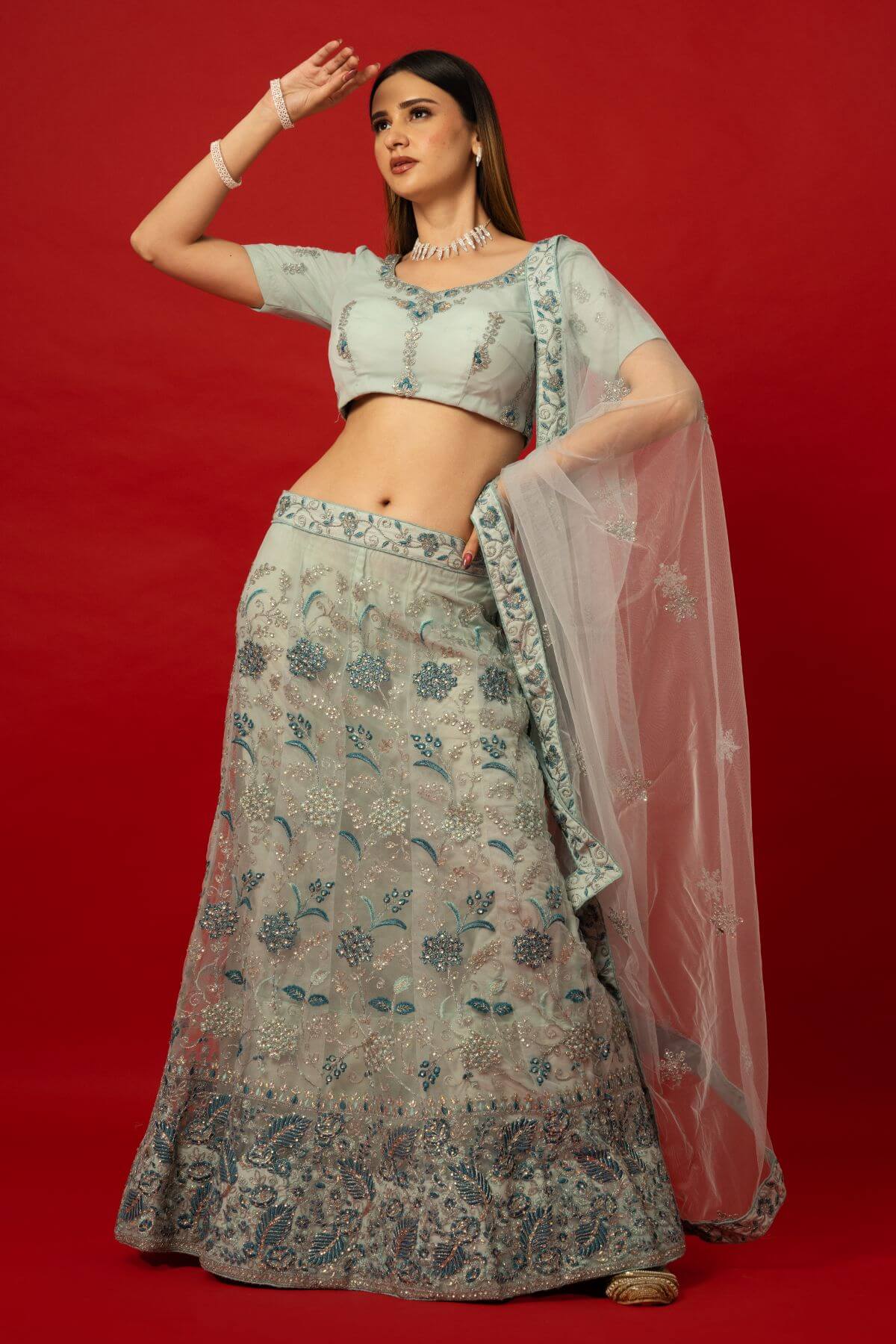 Light Blue Net Lehenga with Sequins Embroidery – Perfect for Weddings