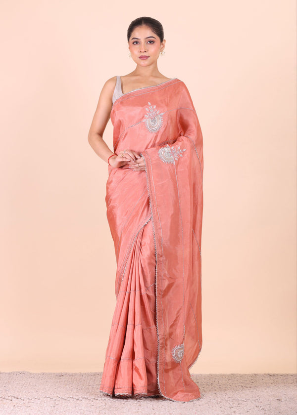Peach Designer Embroidered Saree - Anvi Couture