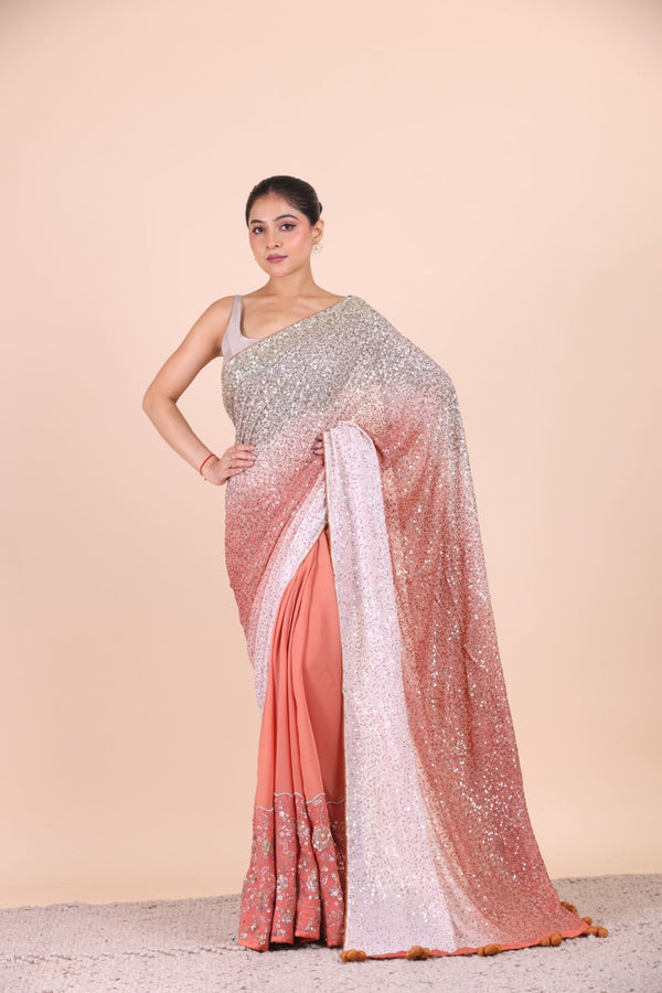 Peach Ombre Sequin Designer Saree - Anvi Couture