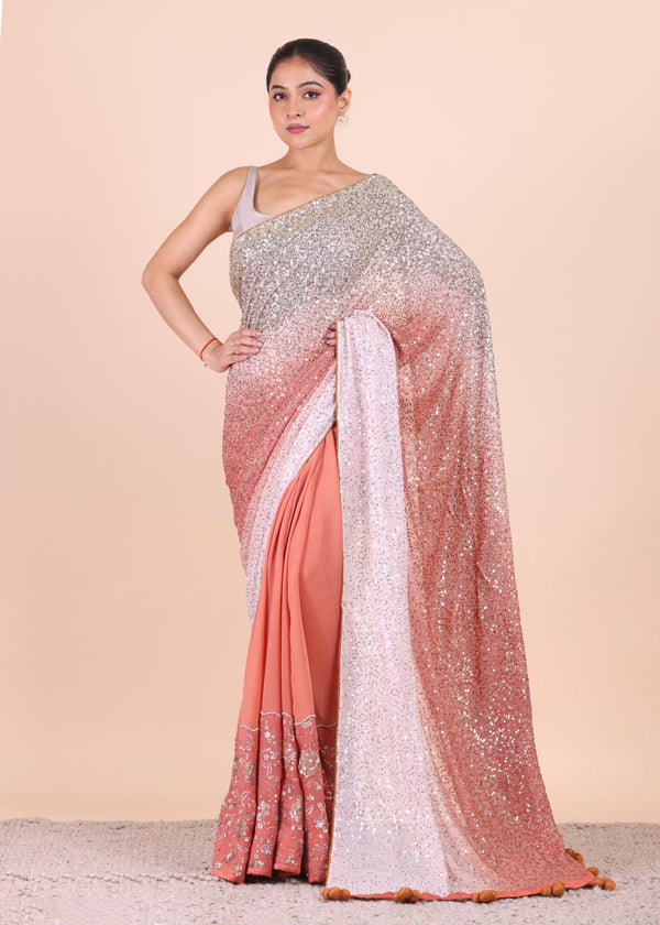 Peach Ombre Sequin Designer Saree - Anvi Couture