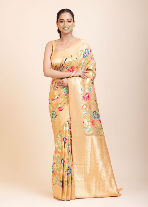Peach Paithani Silk Saree With Multicolor Floral Weave - Anvi Couture