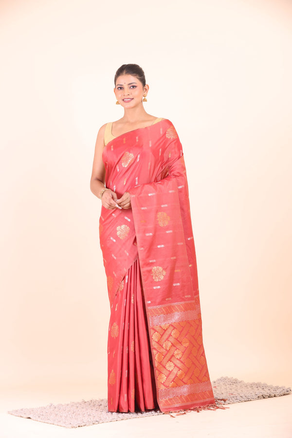 Peach Silk Floral Zari Woven Saree full