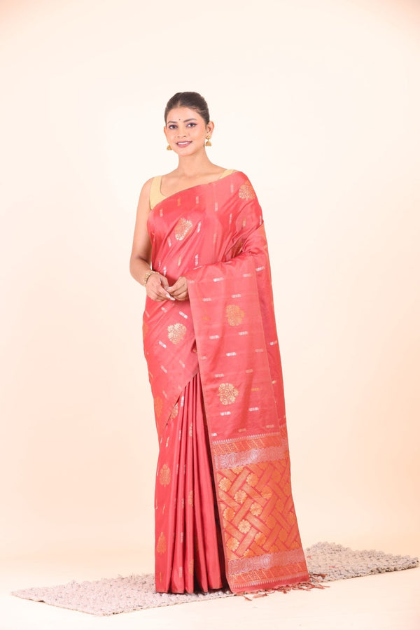 Peach Silk Floral Zari Woven Saree - Anvi Couture