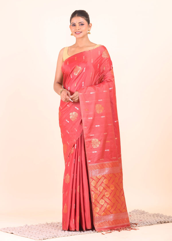 Peach Silk Floral Zari Woven Saree - Anvi Couture