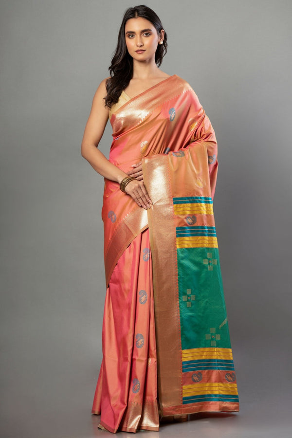 Peach Soft Silk Saree with Multicolor Pallu - Anvi Couture - Front 1