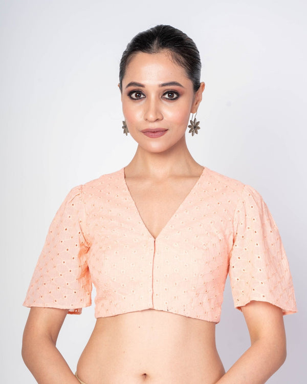 Peach V - Neck Hakoba Blouse With Back Closure - Anvi Couture