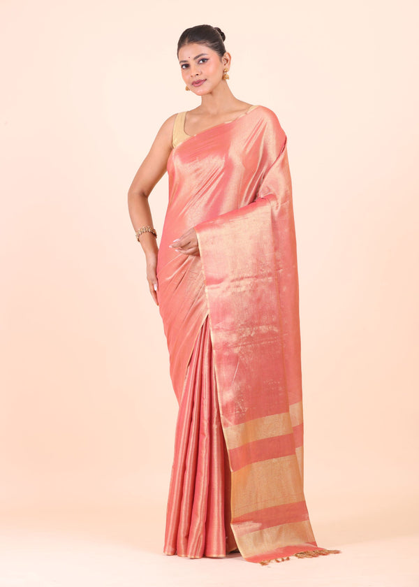 Peach and Gold Dual Tone Tissue Silk Saree - Anvi Couture