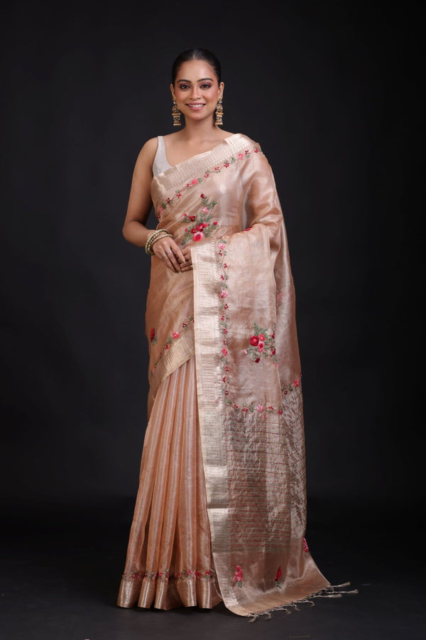 Peach and Gold Tissue Silk Saree with Floral Hand Embroidered Embellishment - Anvi Couture