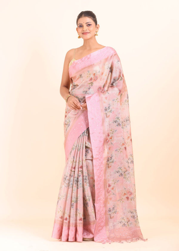 Pink Floral Printed Kota Silk Saree - Anvi Couture