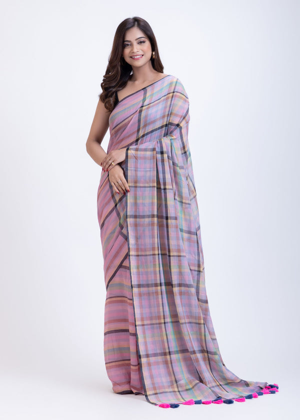 Pink Handloom Cotton Saree with Check Full