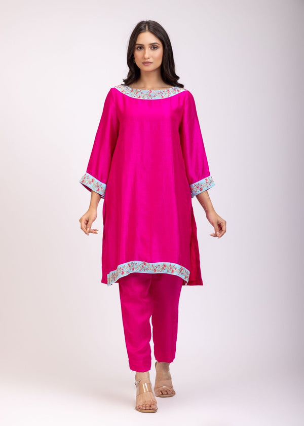 Pink Kurta Set With Embroidered Work Pencil Pant - Anvi Couture