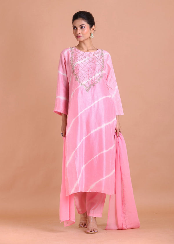 Pink Leheria Kurti Set with Gota Patti Embroidered - Anvi Couture