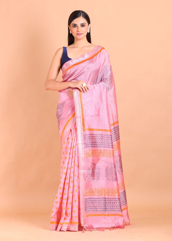 Pink Pure Silk Saree with Hand Block Print - Anvi Couture