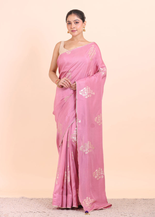 Pink Silk Saree With Woven Zari Floral with Unstitch Blouse Piece Front View