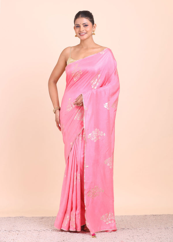 Pink Soft Silk Saree with Golden Woven - Anvi Couture