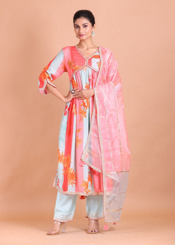 Pink and Blue Alia Cut Kurti Set - Anvi Couture