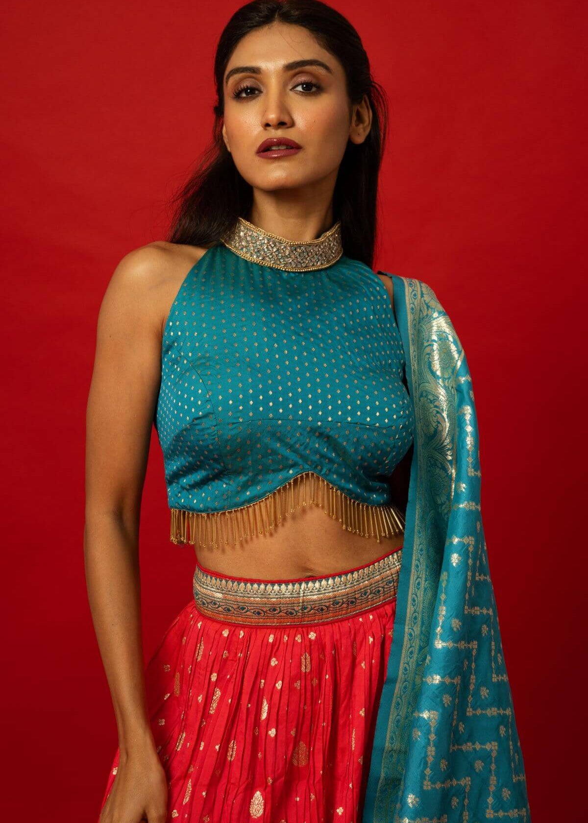 Intricate Pink Banarasi Lehenga with Blue Embroidered Dupatta and Zari Borders