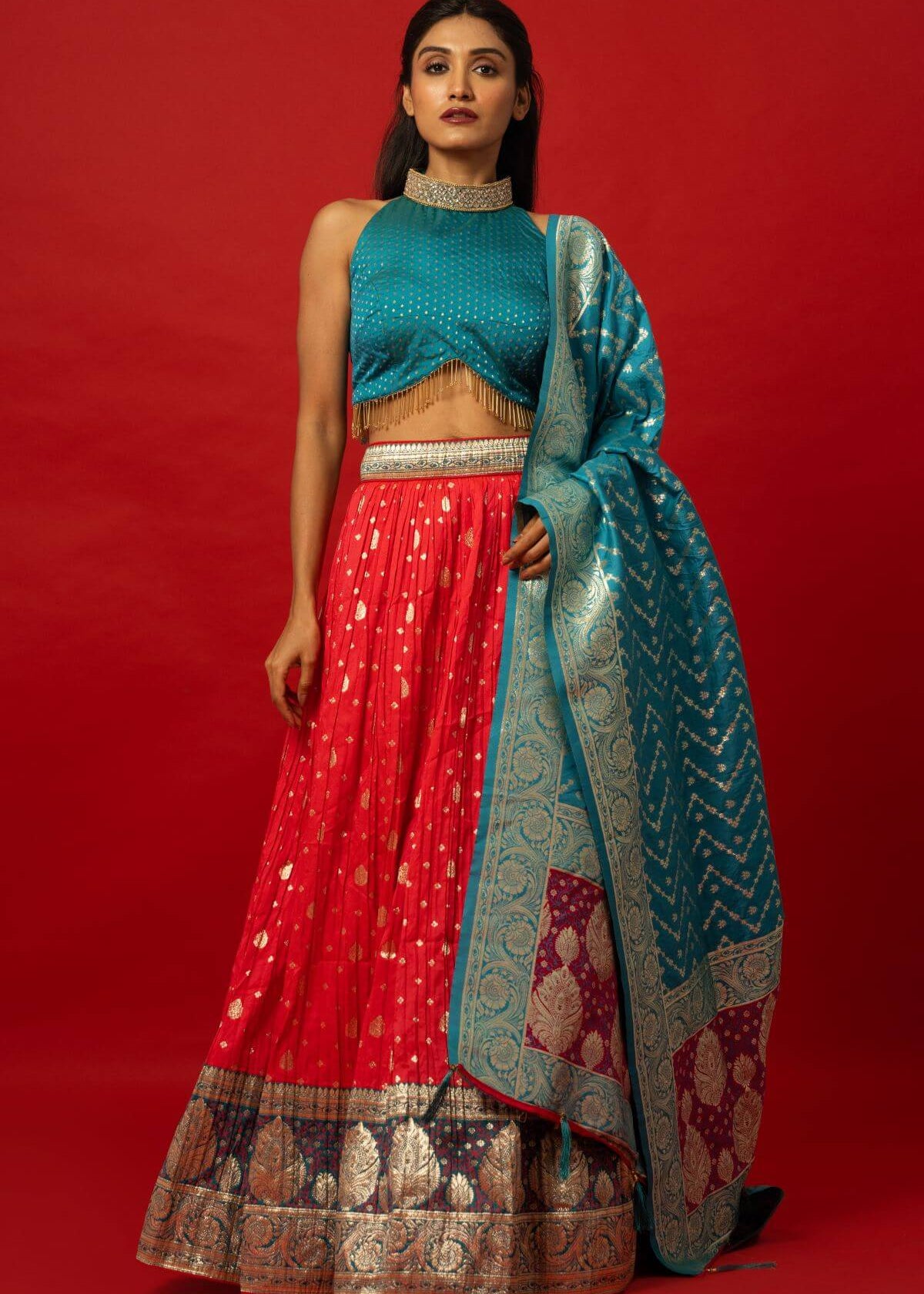 Traditional Pink Banarasi Silk Lehenga Set with Blue Brocade Dupatta