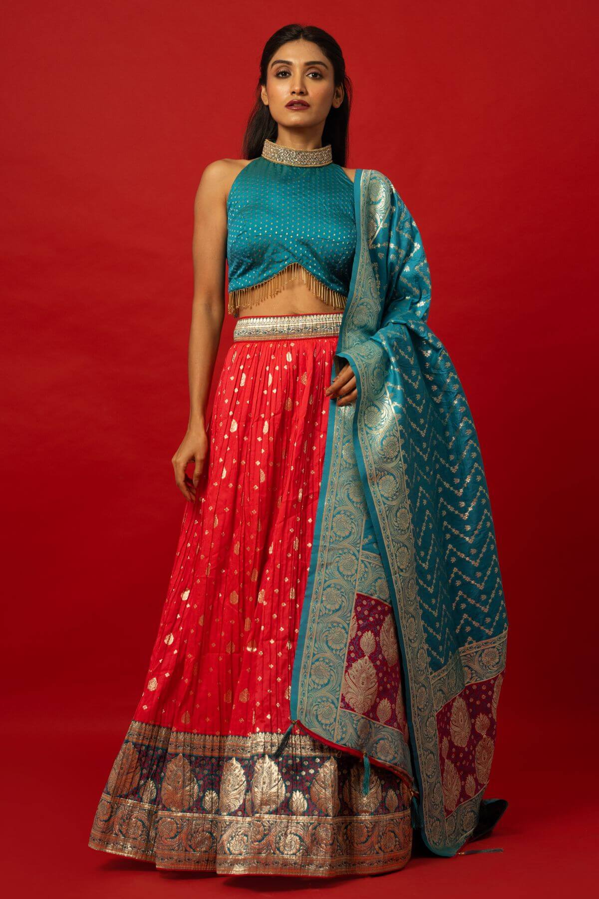 Traditional Pink Banarasi Silk Lehenga Set with Blue Brocade Dupatta