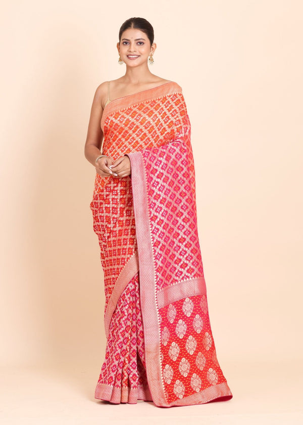 Pink and Orange Banarasi Khaddi Georgette Bandhej Saree - Anvi Couture