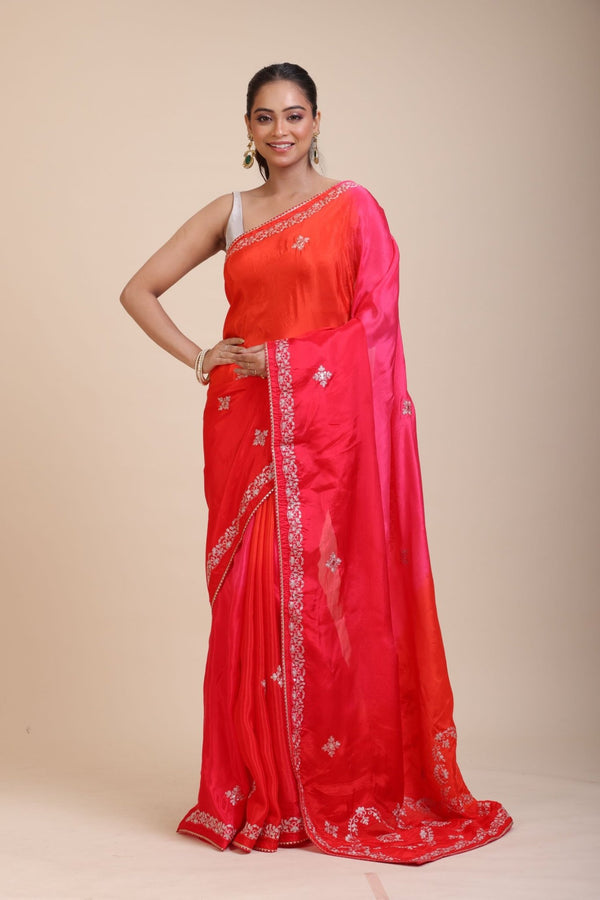 Pink and Orange Soft Silk Saree With Embroidered Work - Anvi Couture