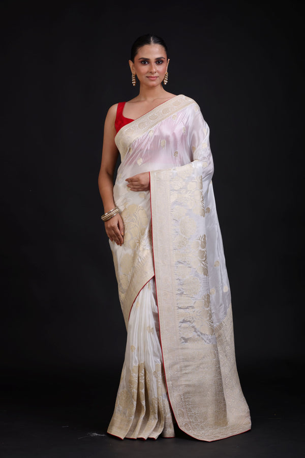 Pure White Banarasi Handloom Saree Full