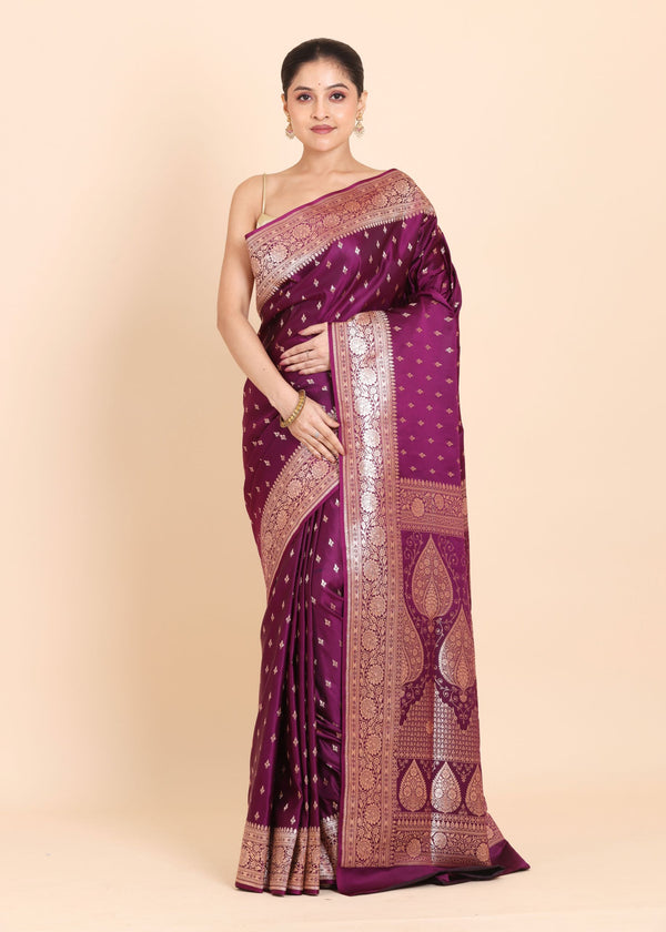 Purple Banarasi Silk Saree With allover small bootas with Rich Border and Pallu Full
