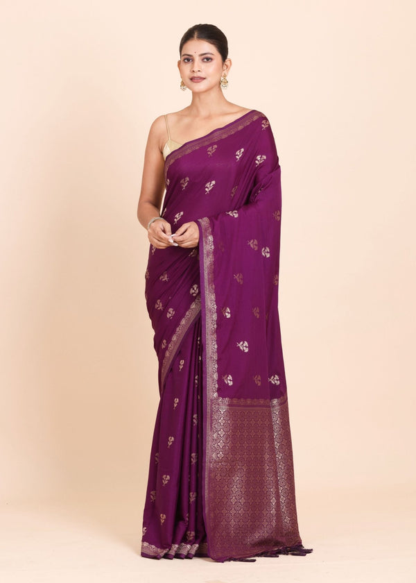 Purple Chanderi Silk Saree with Golden floral Weaving - Anvi Couture