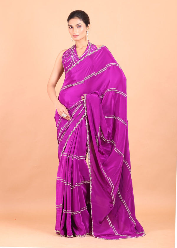 Purple Crepe Silk Saree With silver cutdana and sequins handwork - Anvi Couture