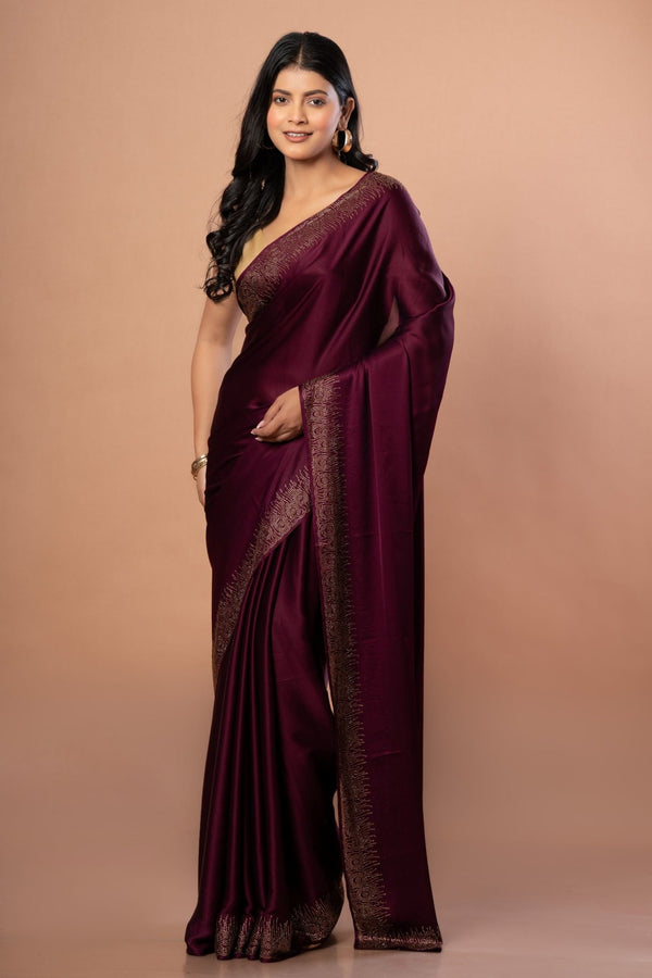 Purple Satin Silk Saree with Sequins Border - Anvi Couture