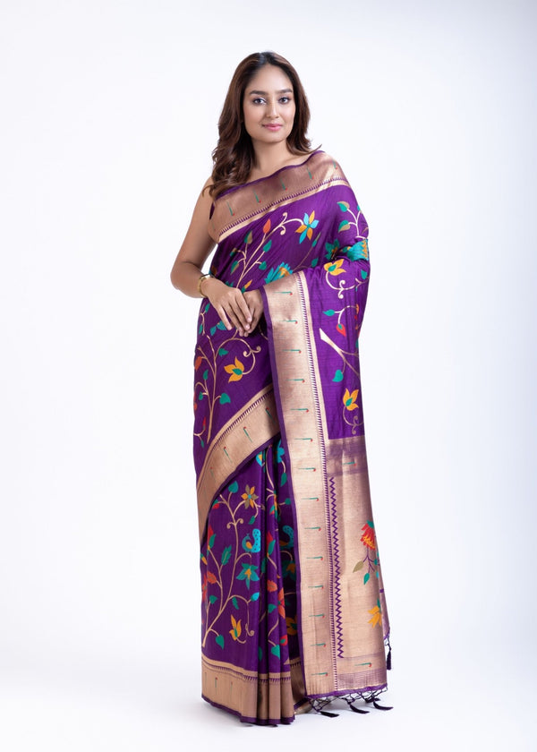 Purple Silk Paithani Saree With Booti And Zari Work - Anvi Couture