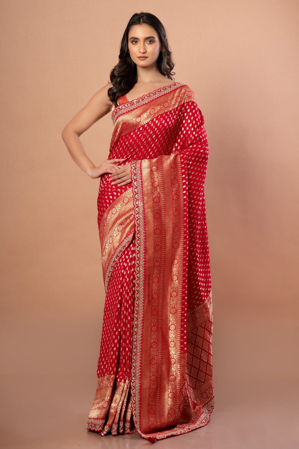 Red Banarsi Wedding Saree With All over Zari work and Embroidered Lace Border - Anvi Couture - front 1