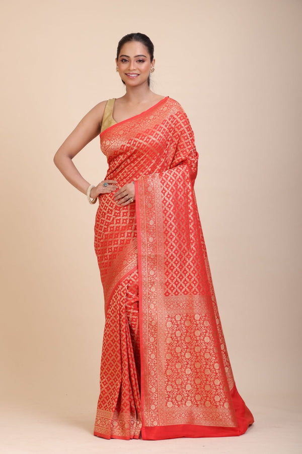 Red Bandhani Handloom Banarasi Saree - Anvi Couture