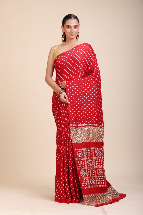 Red Bhadhani Mashru Silk Saree With Hand Embroidered Work - Anvi Couture