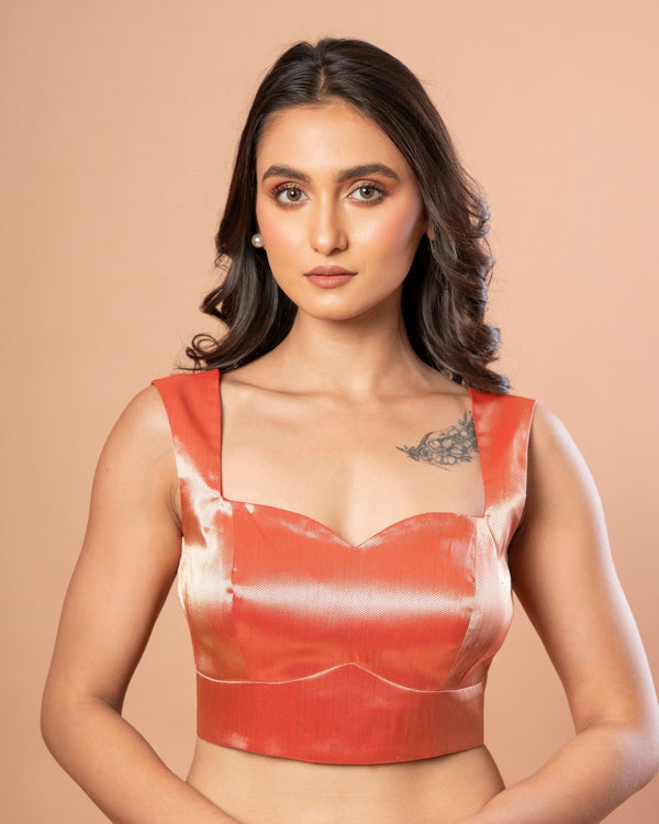 Red Brocade Blouse With Sweetheart Neckline and Back Closure - Anvi Couture