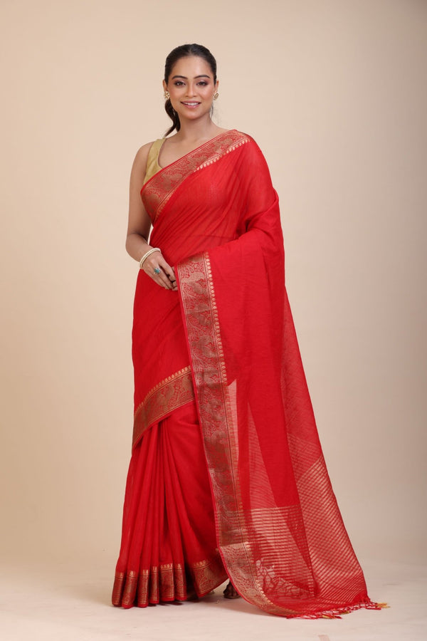 Red Chanderi Silk Saree With Gold Border - Anvi Couture