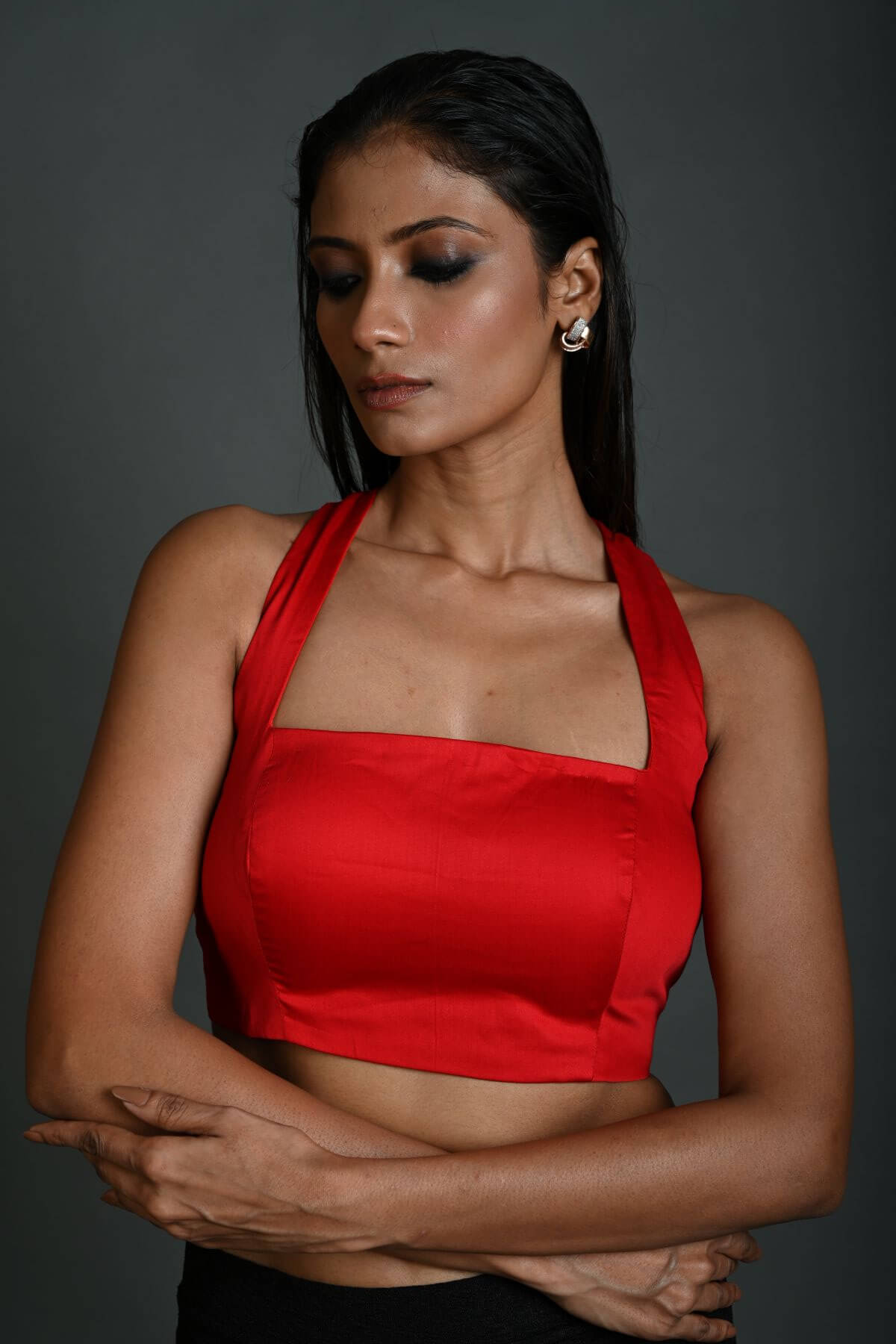 Red Cotton Halter Neck Sleeveless Blouse